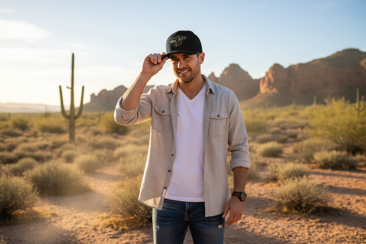 Man wearing black Richardson 112 trucker snapback hat - Arizona desert lifestyle