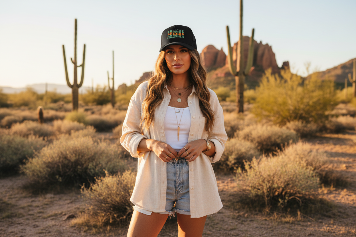 Woman wearing black Richardson 112 trucker snapback hat - Arizona desert lifestyle