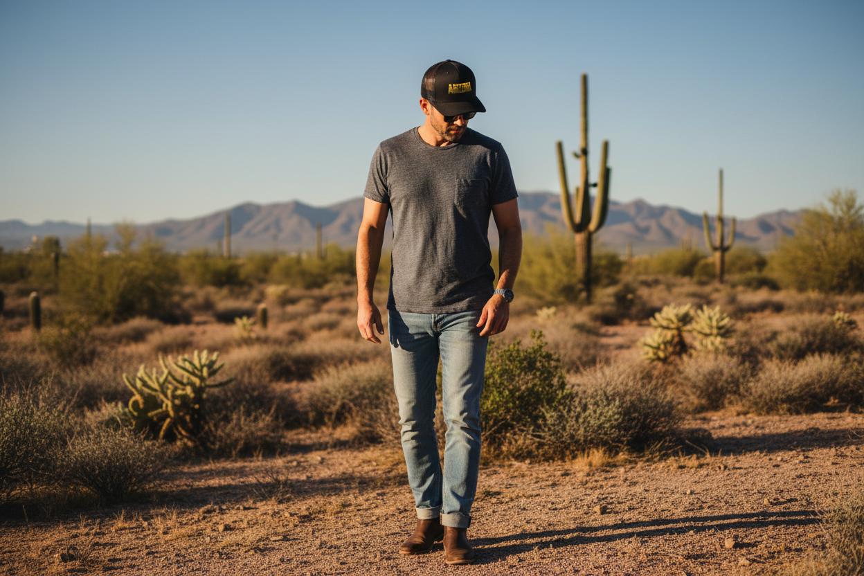 Man wearing black Richardson 112 trucker snapback hat - Arizona desert lifestyle