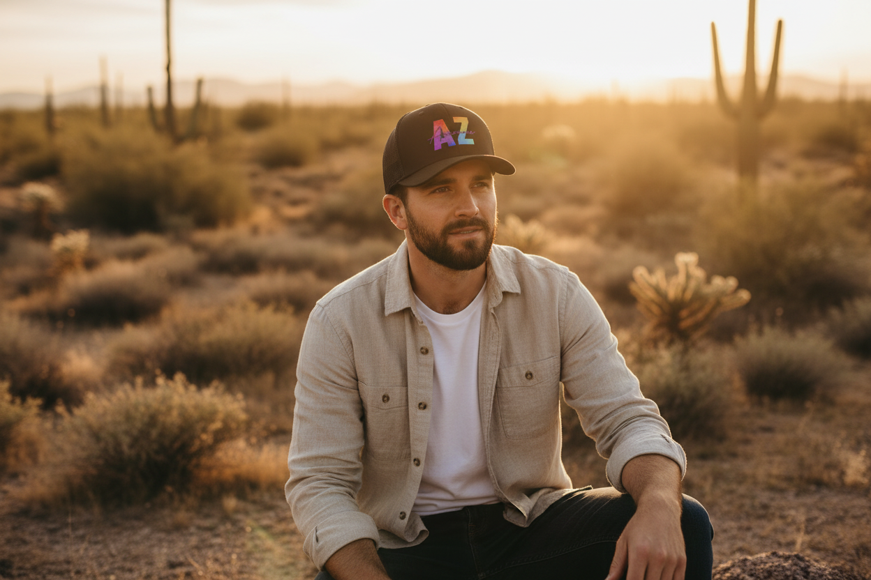 Man wearing black Richardson 112 trucker snapback hat - Arizona desert lifestyle