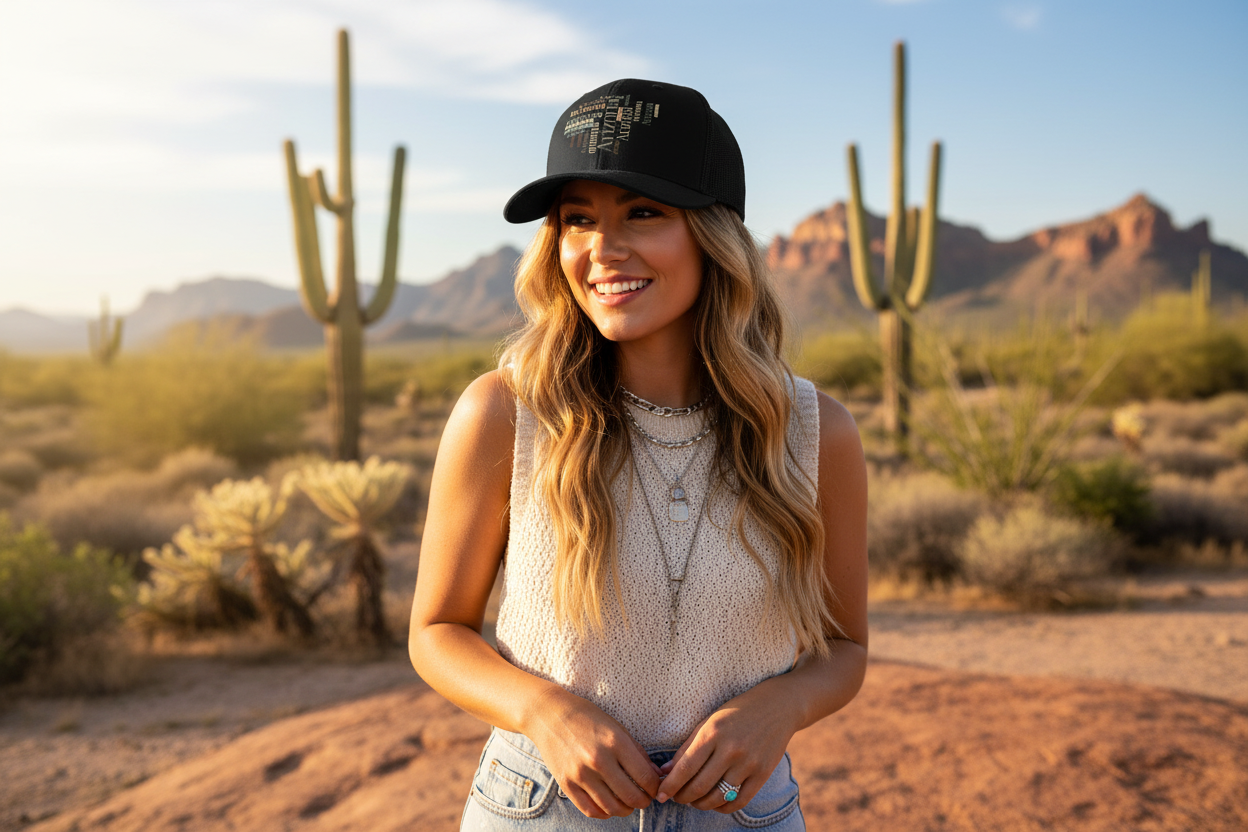 Woman wearing black Richardson 112 trucker snapback hat - Arizona desert lifestyle