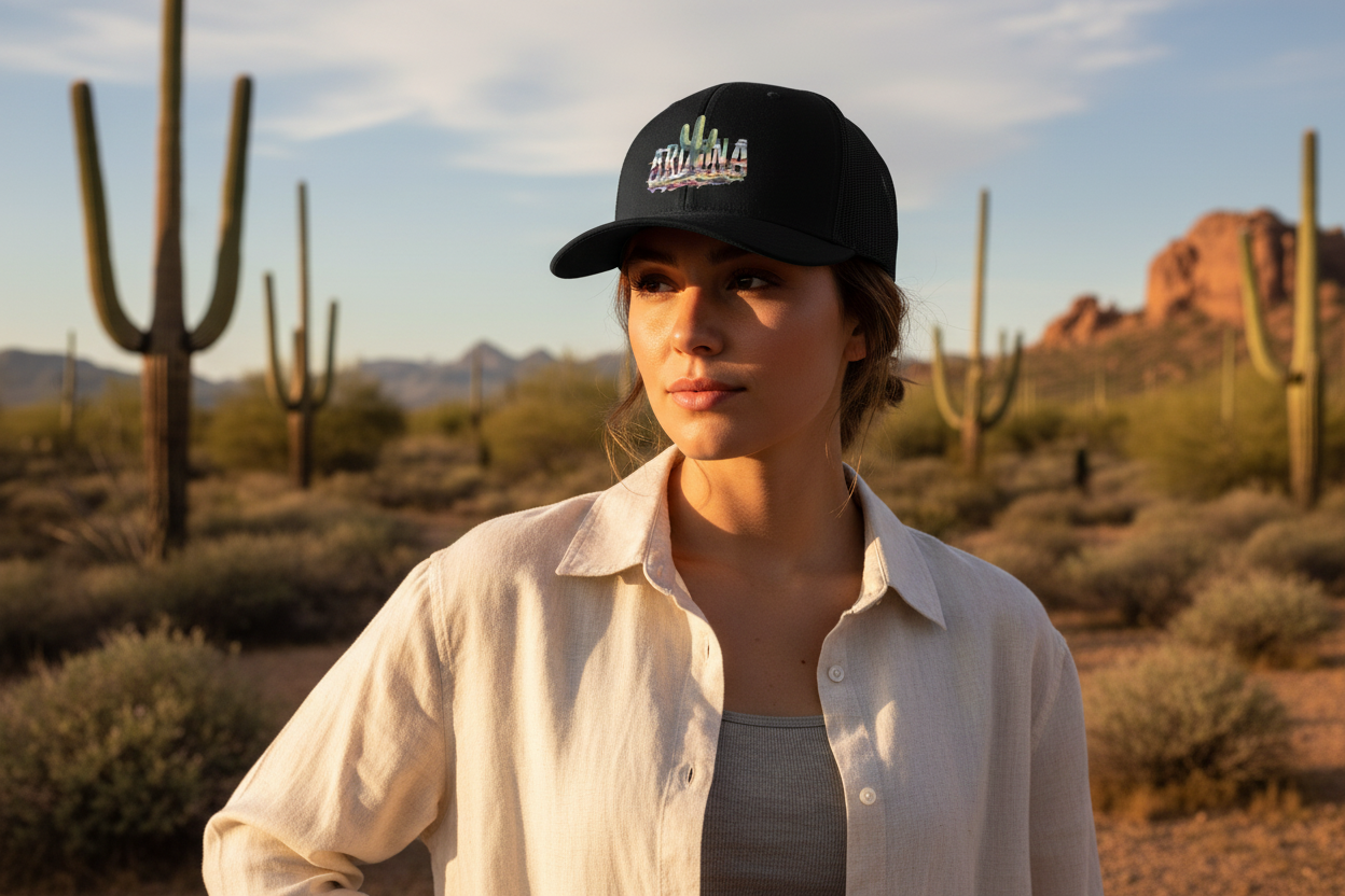 Woman wearing black Richardson 112 trucker snapback hat - Arizona desert lifestyle