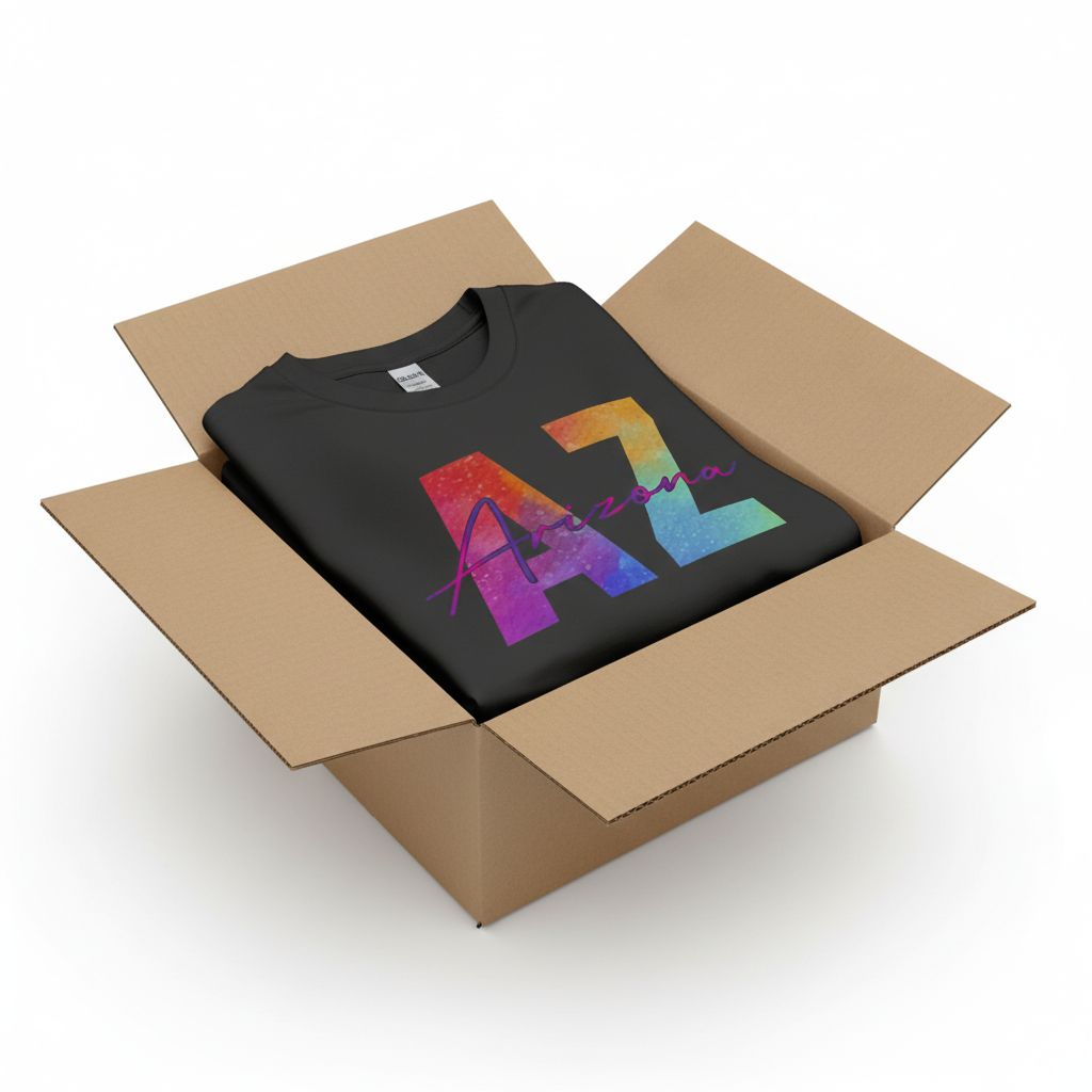 Black t-shirt in shipping box with collar visible