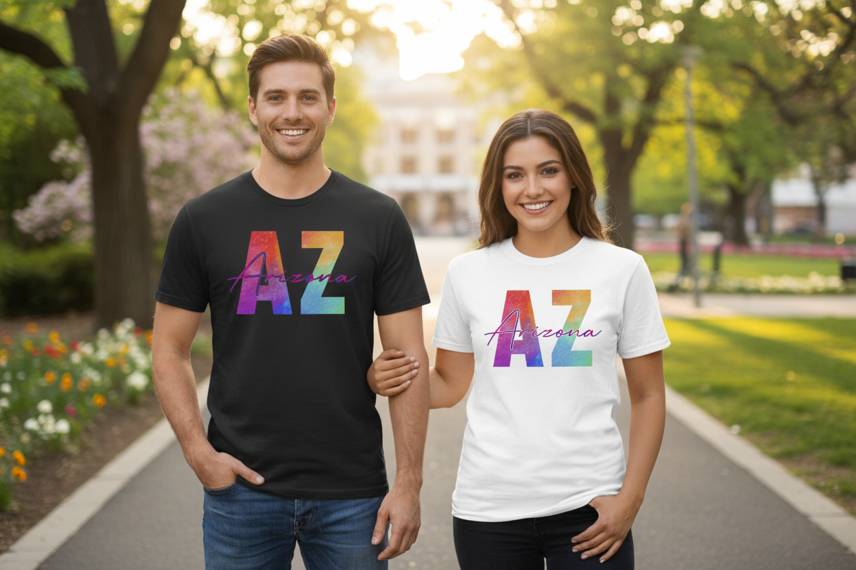 Male and female models wearing black and white t-shirts side by side