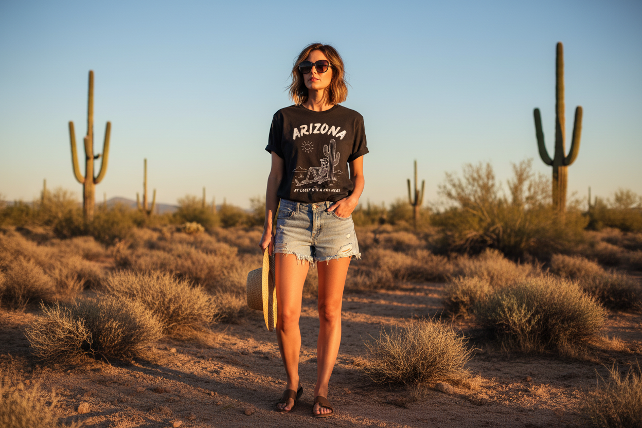 Woman wearing black graphic t-shirt - Arizona desert lifestyle