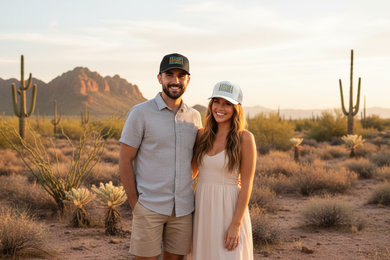Man and woman wearing black and white Richardson 112 trucker snapback hats - Arizona desert lifestyle