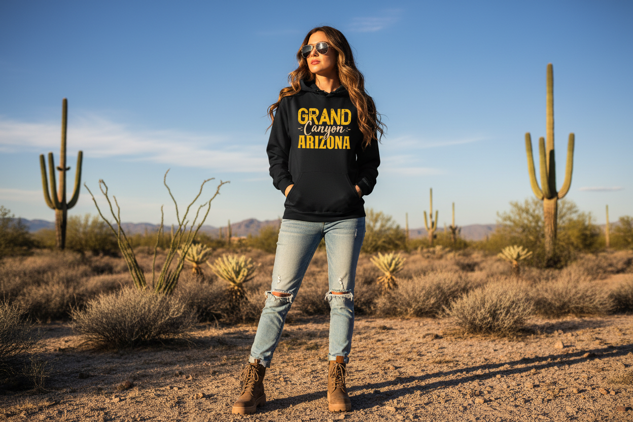 Woman wearing black graphic hoodie - Arizona desert lifestyle