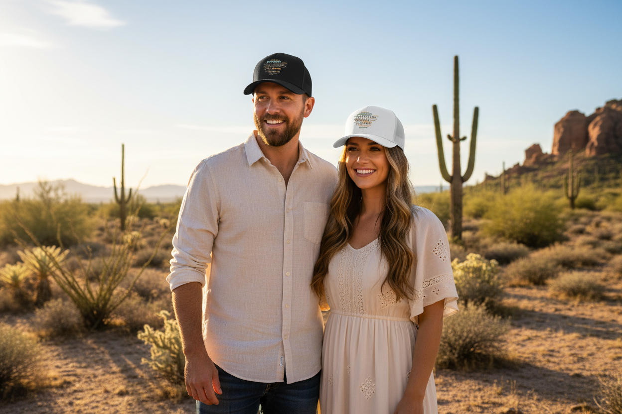 Man and woman wearing black and white Richardson 112 trucker snapback hats - Arizona desert lifestyle