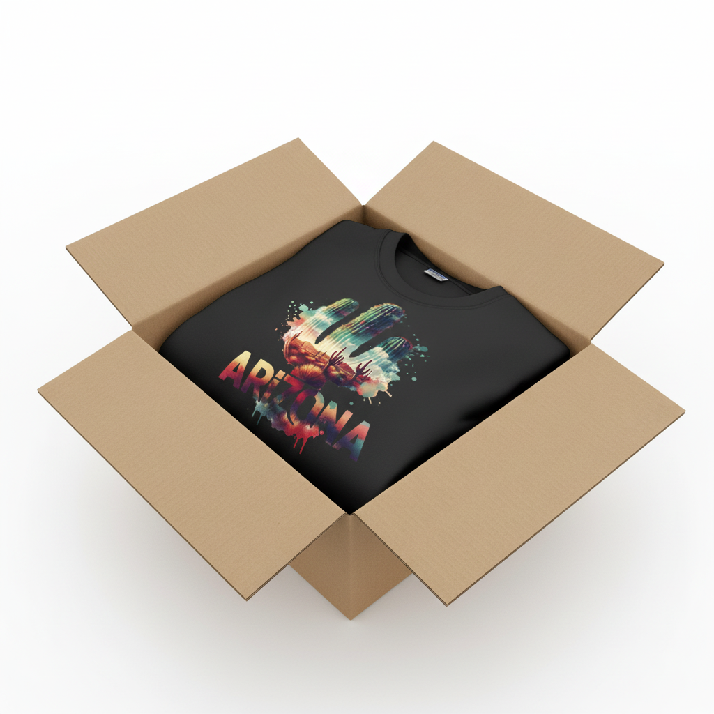 Black hoodie in shipping box with collar and hood visible
