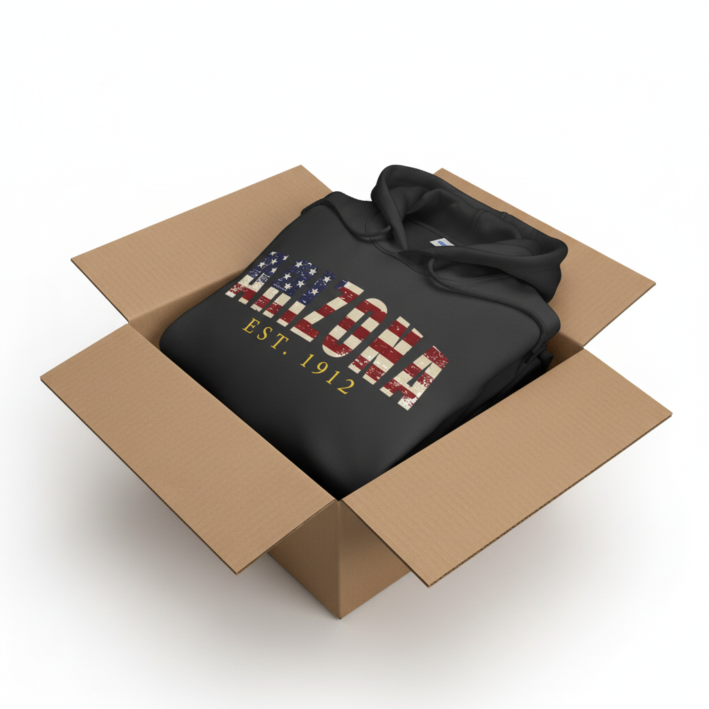 Black hoodie in shipping box with collar and hood visible