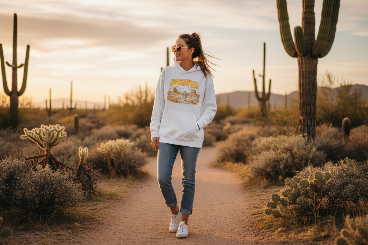 Woman wearing white graphic hoodie - Arizona desert lifestyle