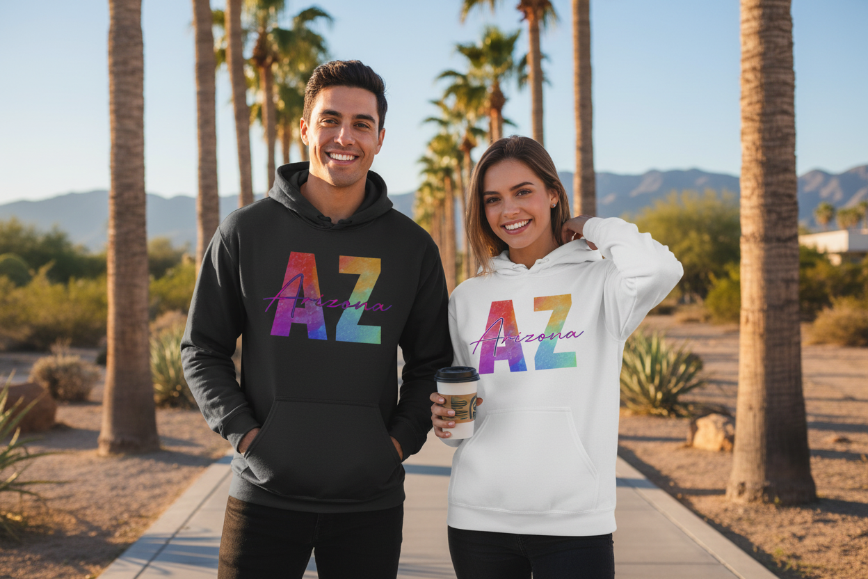 Male and female models wearing black and white hoodies side by side