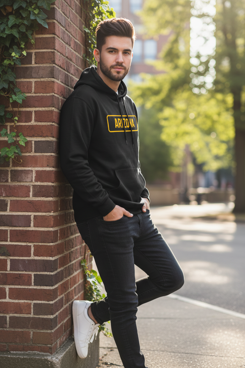 Black hoodie male lifestyle