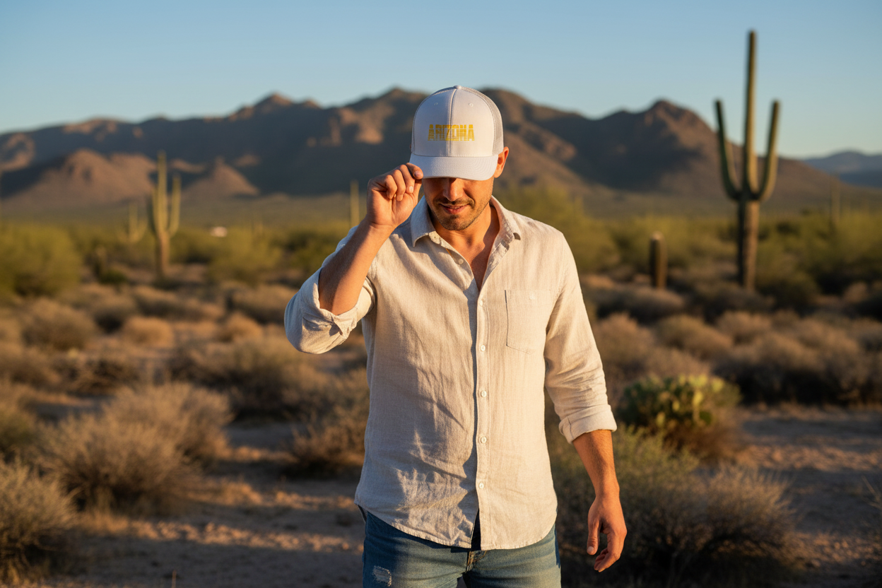 Man wearing white Richardson 112 trucker snapback hat - Arizona desert lifestyle