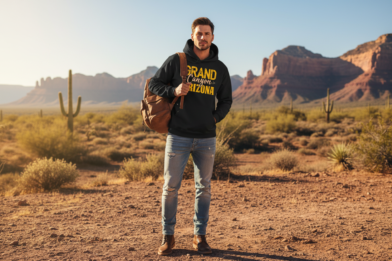 Man wearing black graphic hoodie - Arizona desert lifestyle