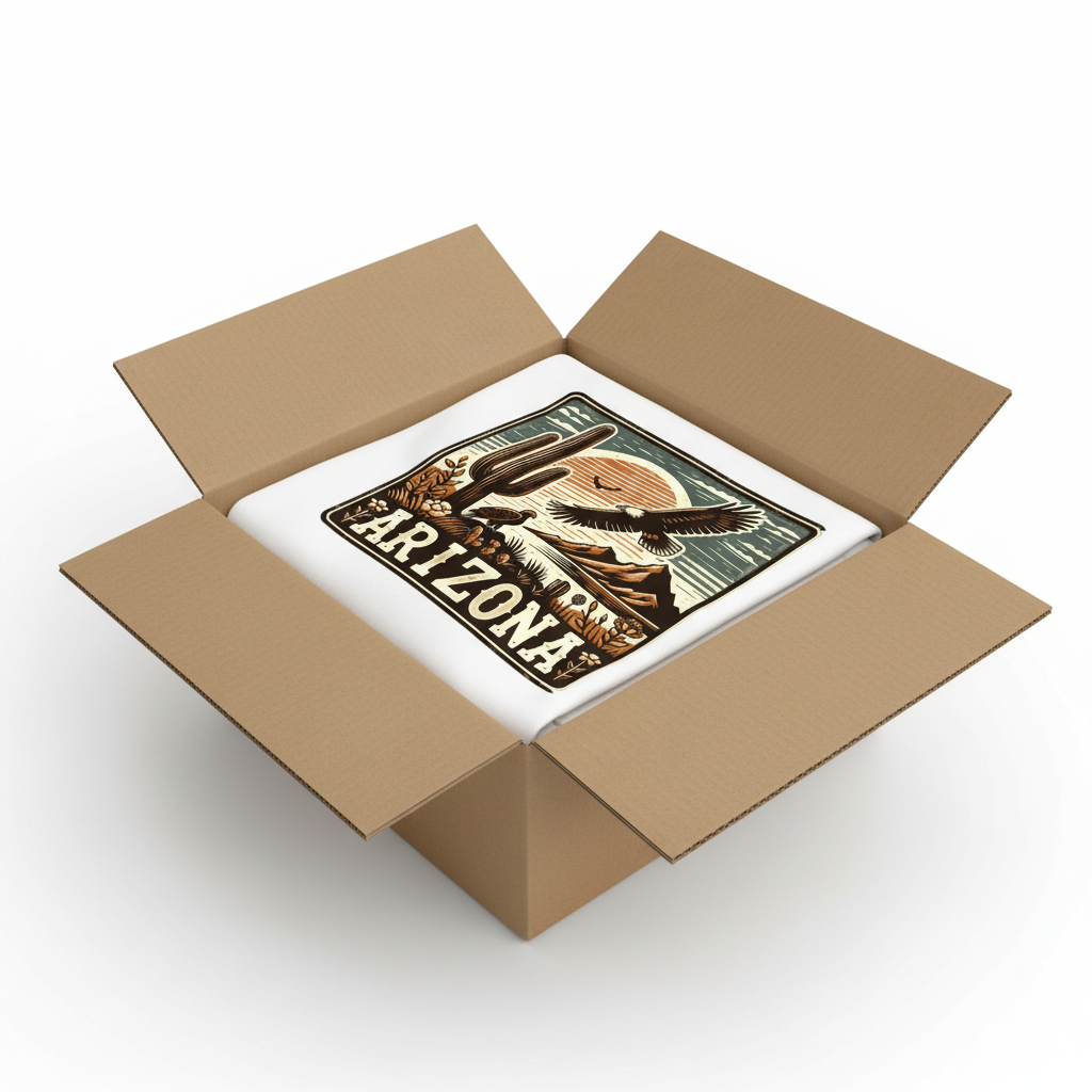 White t-shirt in shipping box with collar visible