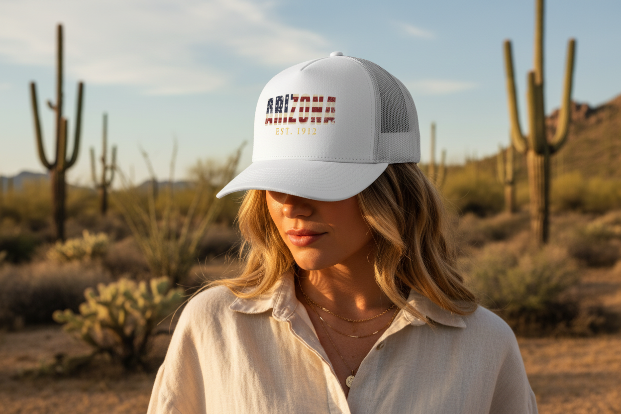 Woman wearing white Richardson 112 trucker snapback hat - Arizona desert lifestyle