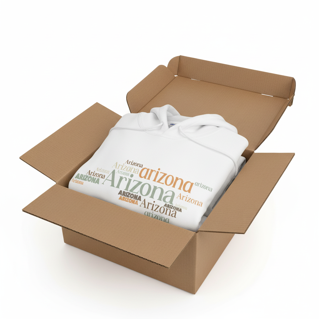 White hoodie in shipping box with collar and hood visible
