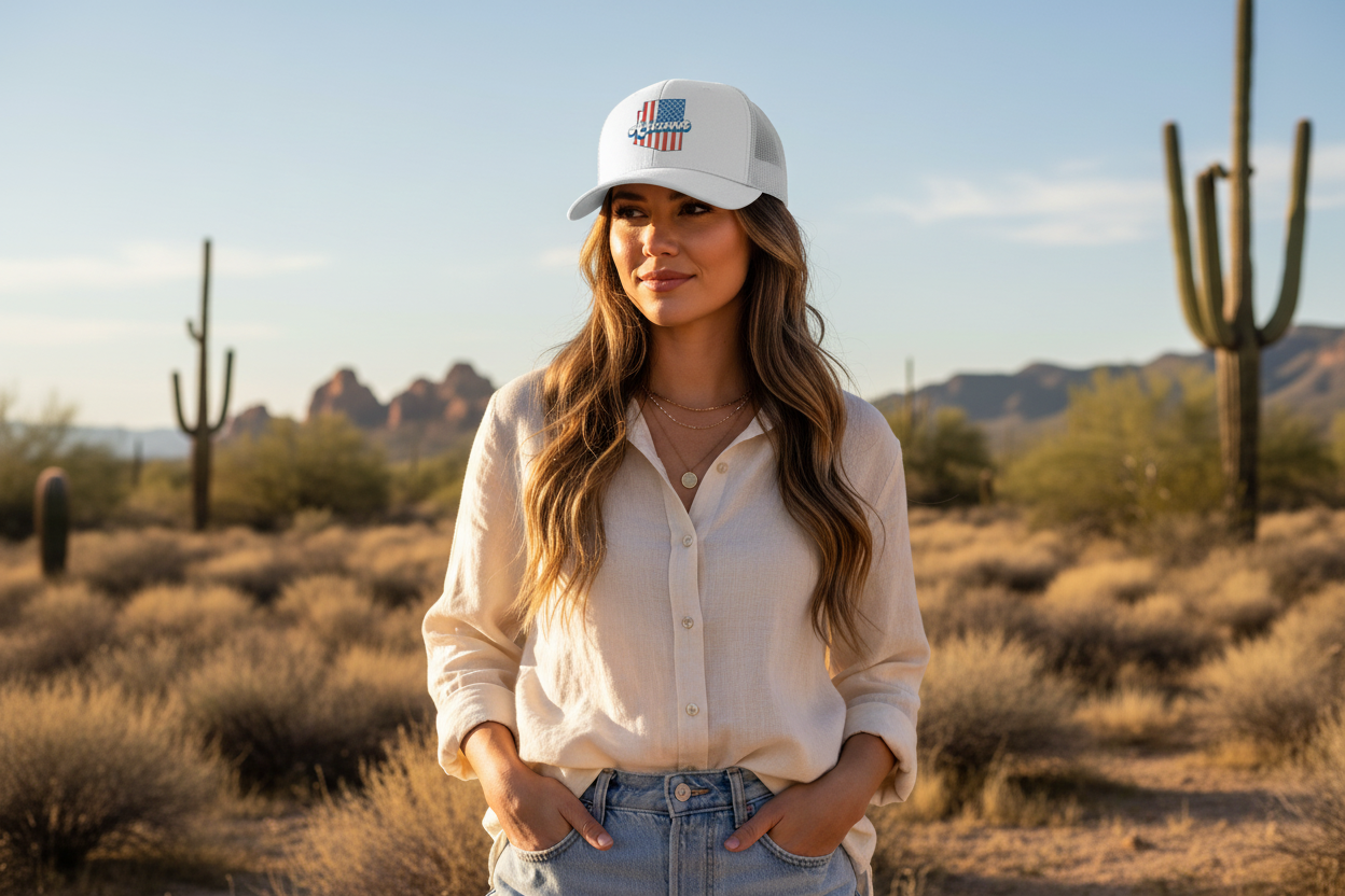 Woman wearing white Richardson 112 trucker snapback hat - Arizona desert lifestyle