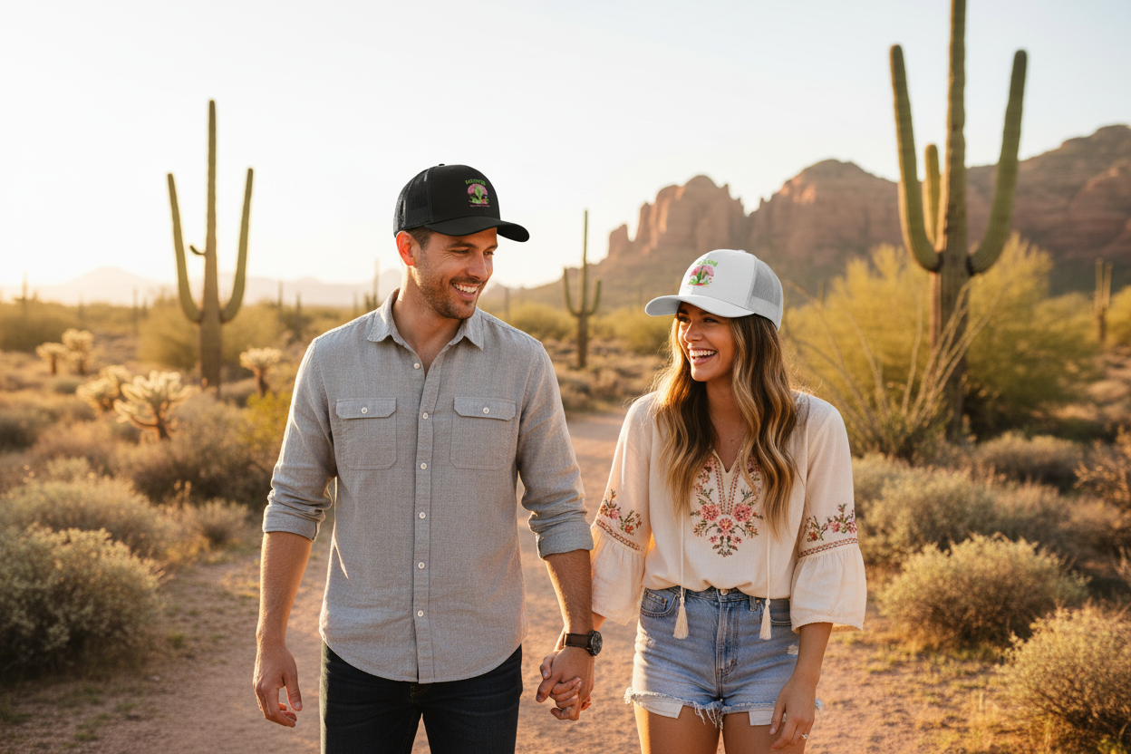 Man and woman wearing black and white Richardson 112 trucker snapback hats - Arizona desert lifestyle