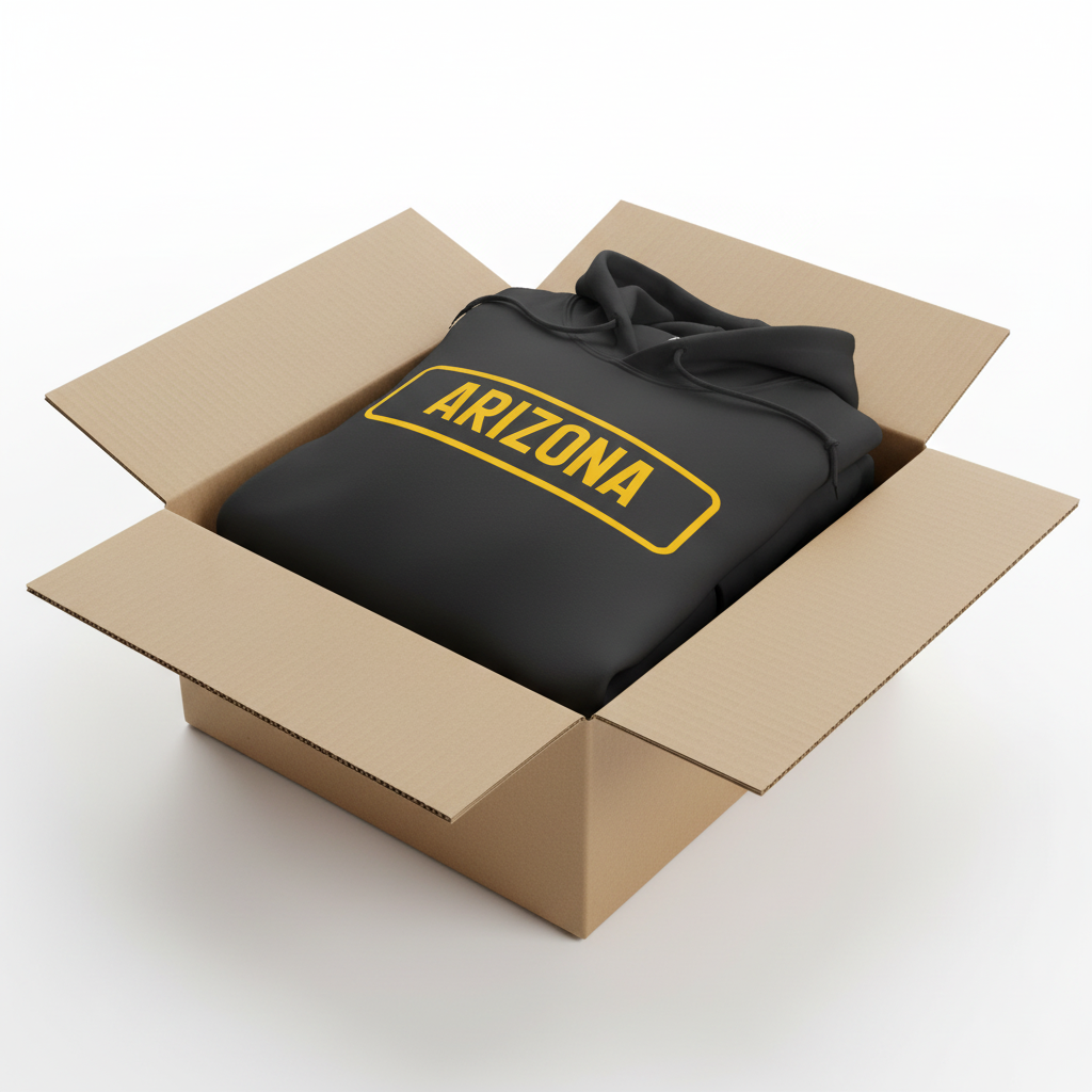 Black hoodie in shipping box with collar and hood visible
