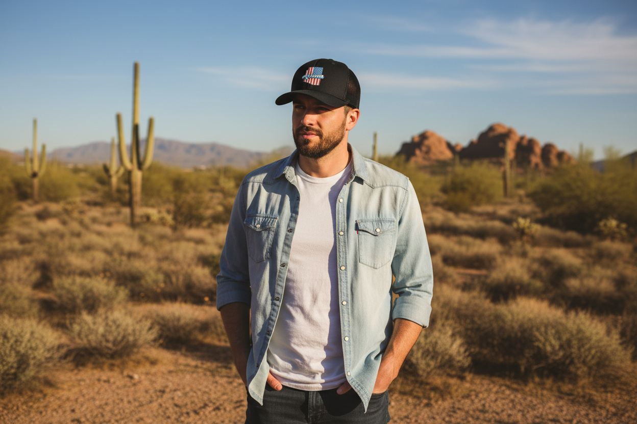 Man wearing black Richardson 112 trucker snapback hat - Arizona desert lifestyle