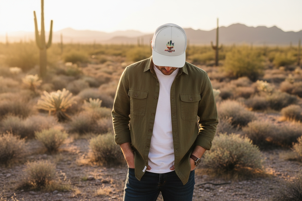 Man wearing white Richardson 112 trucker snapback hat - Arizona desert lifestyle