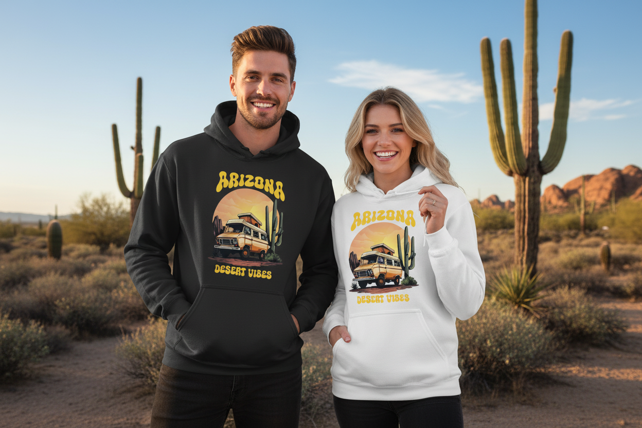 Male and female models wearing black and white hoodies side by side