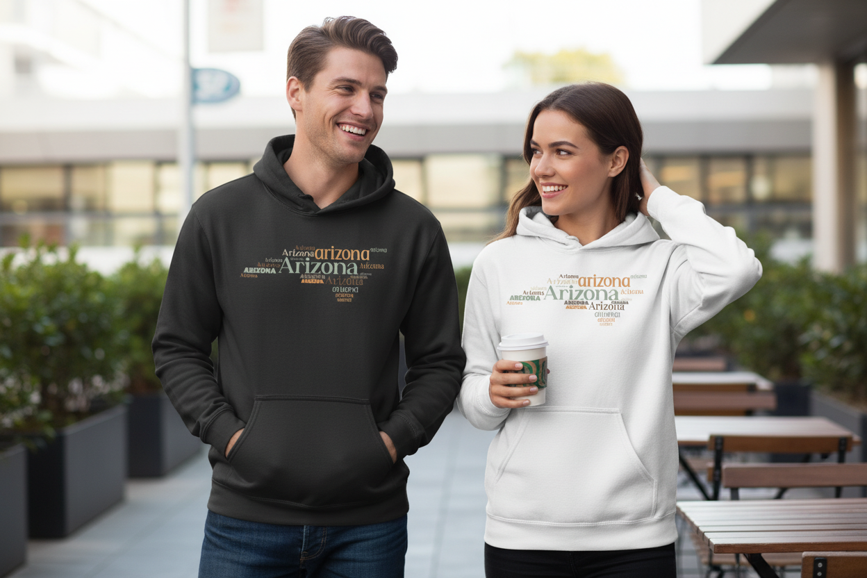 Male and female models wearing black and white hoodies side by side