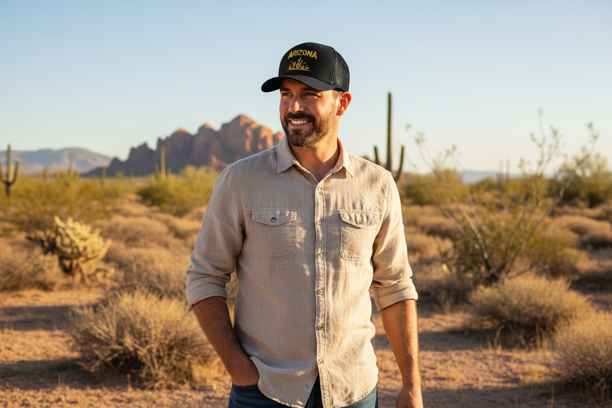 Man wearing black Richardson 112 trucker snapback hat - Arizona desert lifestyle