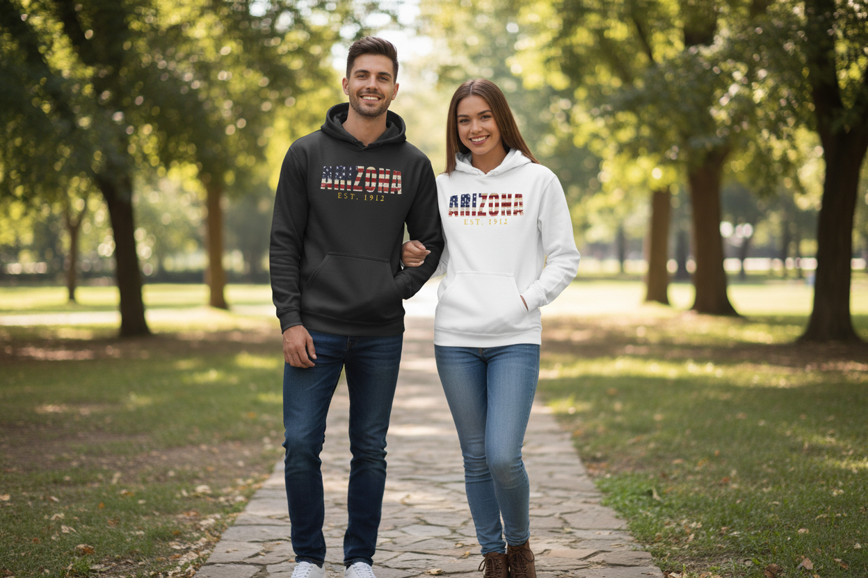 Male and female models wearing black and white hoodies side by side