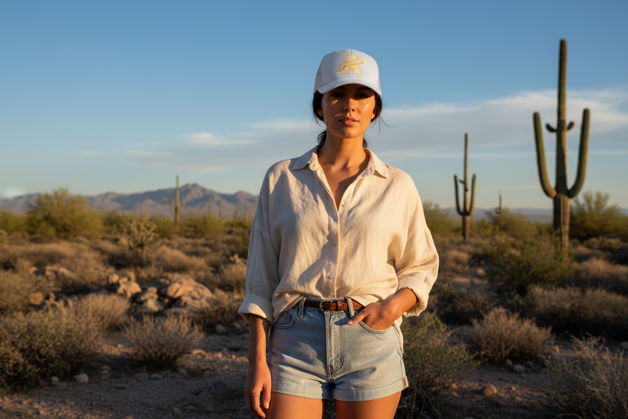 Woman wearing white Richardson 112 trucker snapback hat - Arizona desert lifestyle