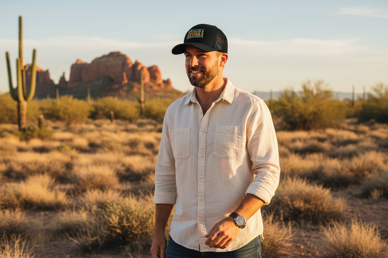 Man wearing black Richardson 112 trucker snapback hat - Arizona desert lifestyle