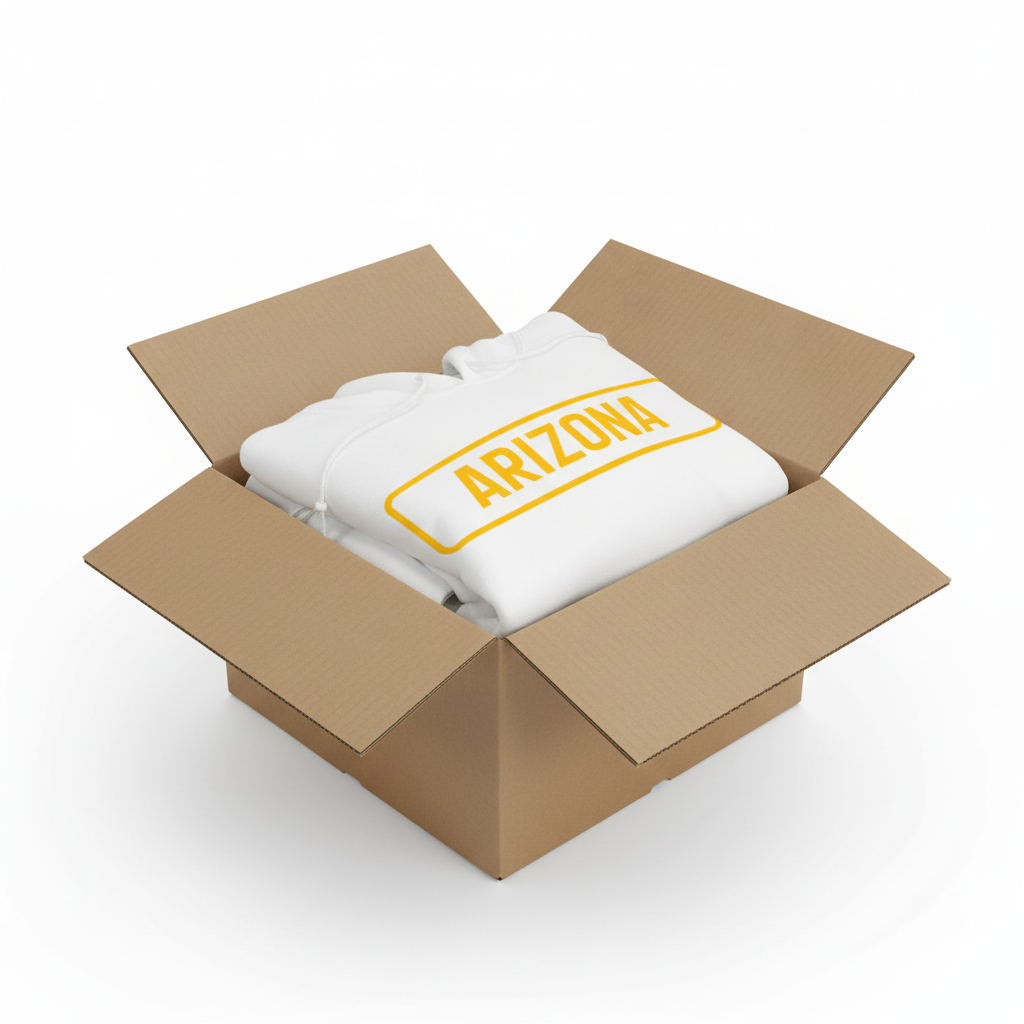 White hoodie in shipping box with collar and hood visible