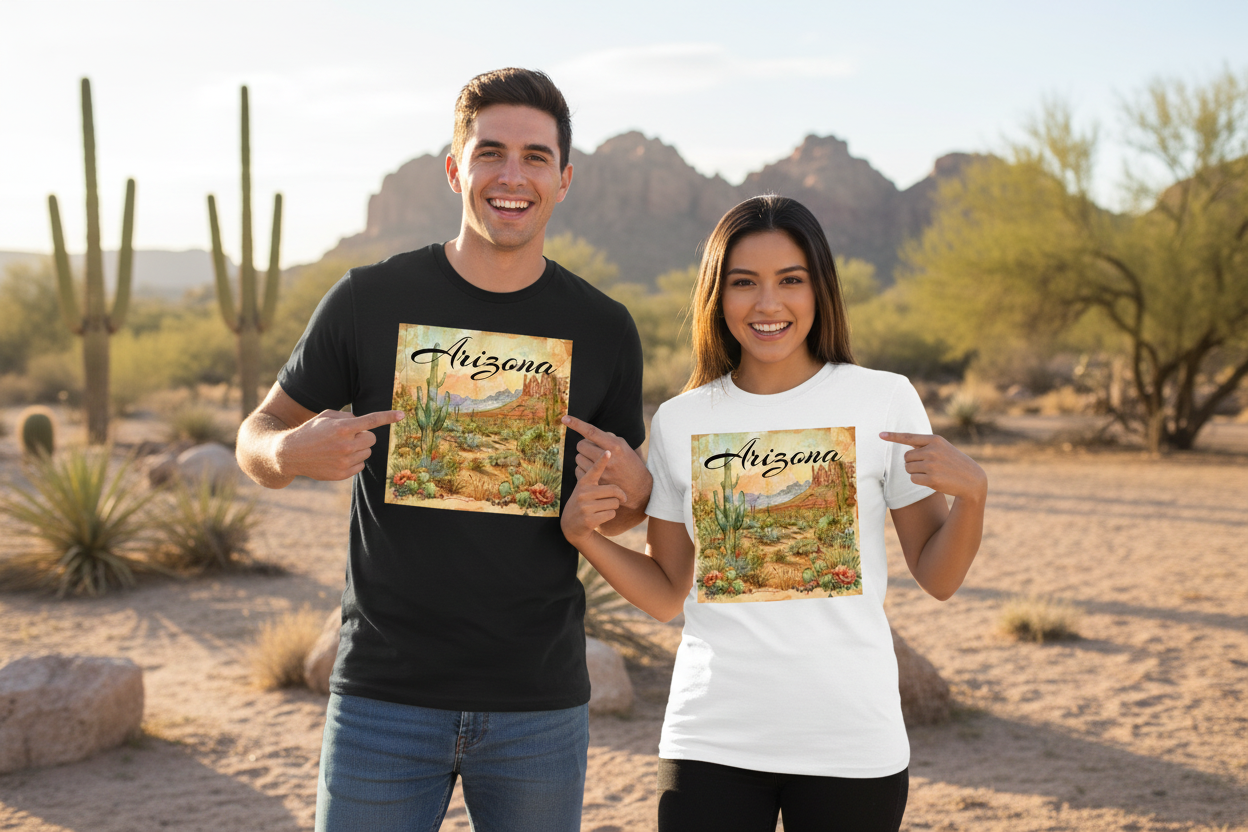 Male and female models wearing black and white t-shirts side by side