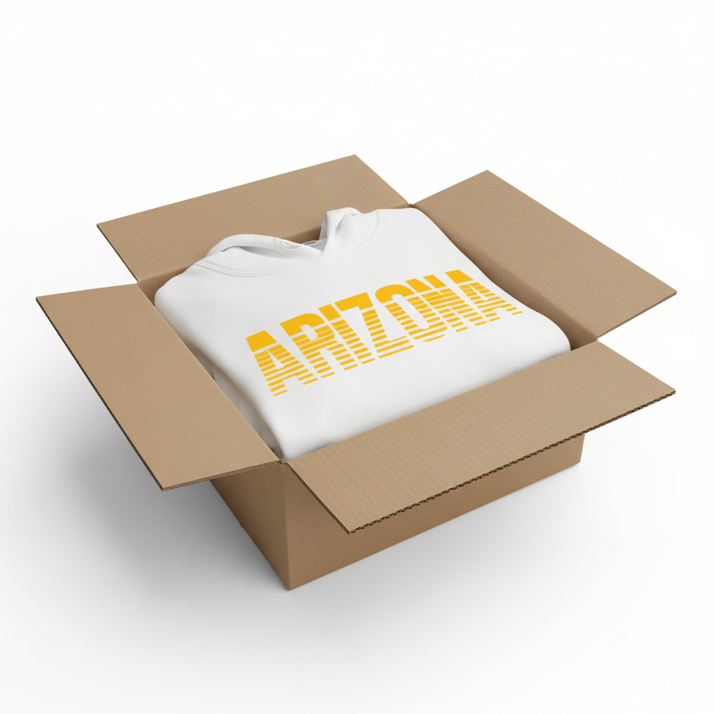 White hoodie in shipping box with collar and hood visible