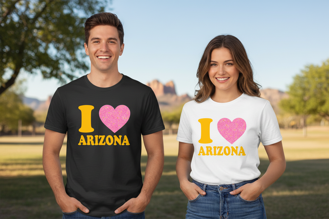 Male and female models wearing black and white t-shirts side by side