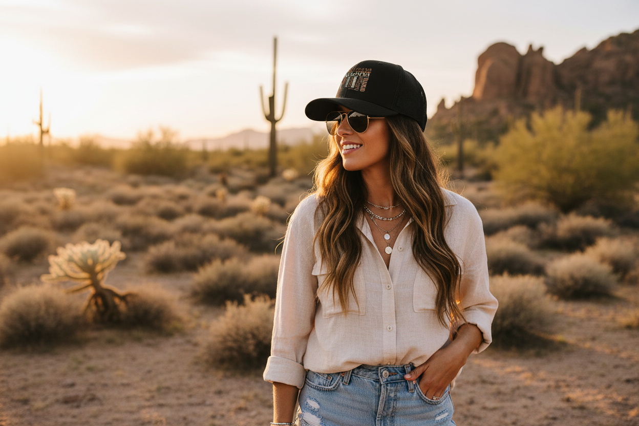 Woman wearing black Richardson 112 trucker snapback hat - Arizona desert lifestyle