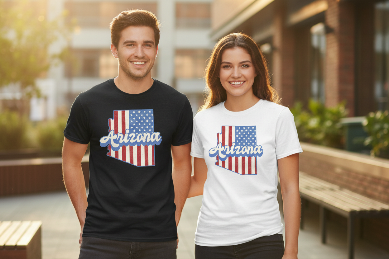 Male and female models wearing black and white t-shirts side by side