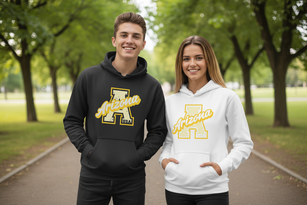 Male and female models wearing black and white hoodies side by side