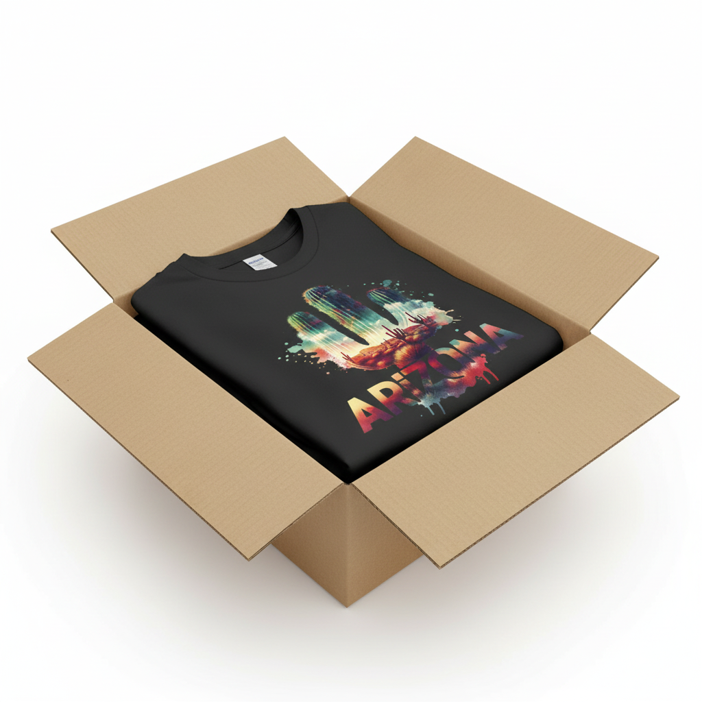 Black t-shirt in shipping box with collar visible
