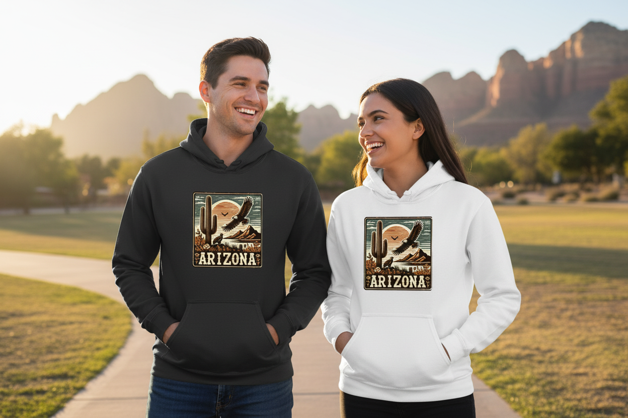 Male and female models wearing black and white hoodies side by side