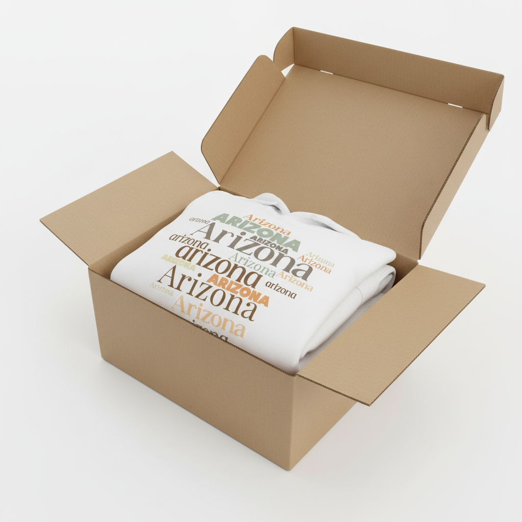 White hoodie in shipping box with collar and hood visible