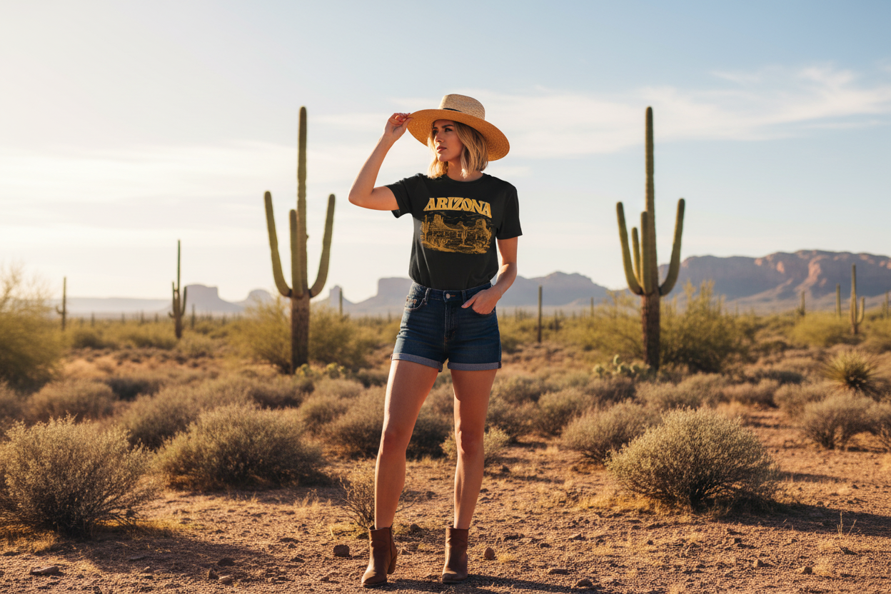 Woman wearing black graphic t-shirt - Arizona desert lifestyle