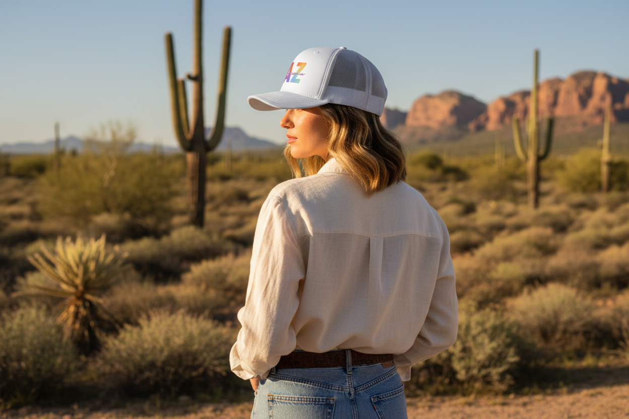 Woman wearing white Richardson 112 trucker snapback hat - Arizona desert lifestyle