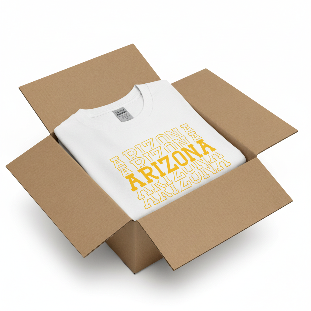White t-shirt in shipping box with collar visible