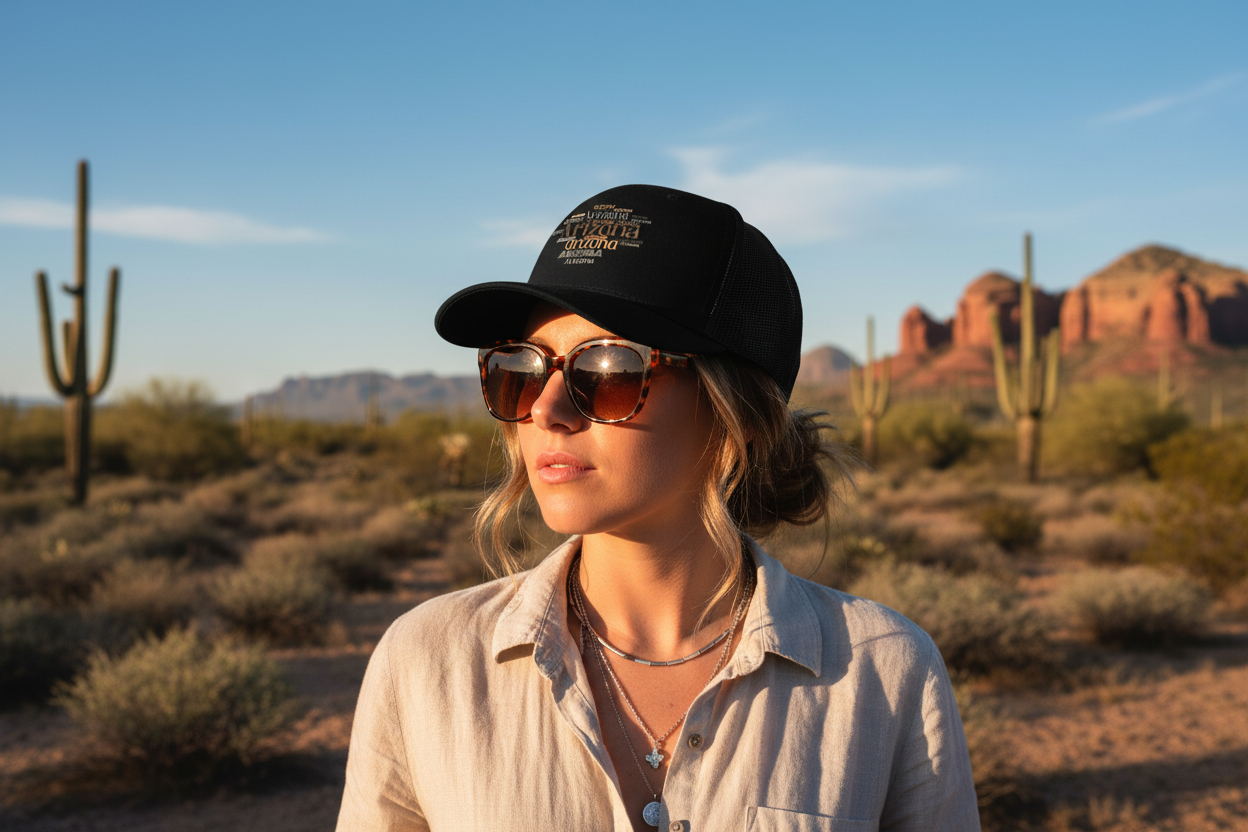 Woman wearing black Richardson 112 trucker snapback hat - Arizona desert lifestyle