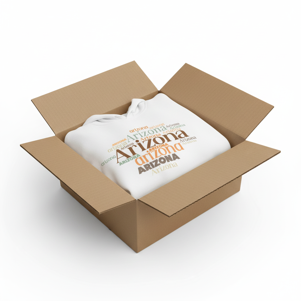 White hoodie in shipping box with collar and hood visible