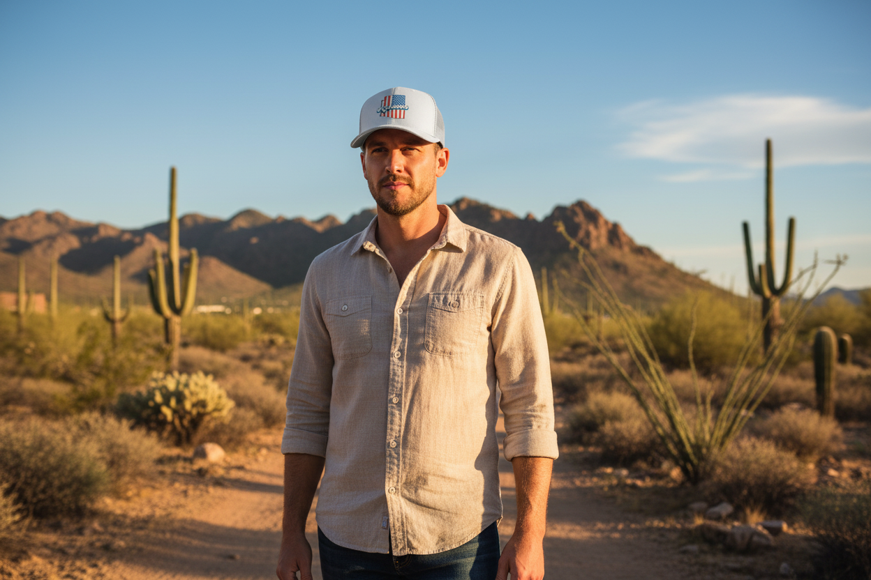 Man wearing white Richardson 112 trucker snapback hat - Arizona desert lifestyle