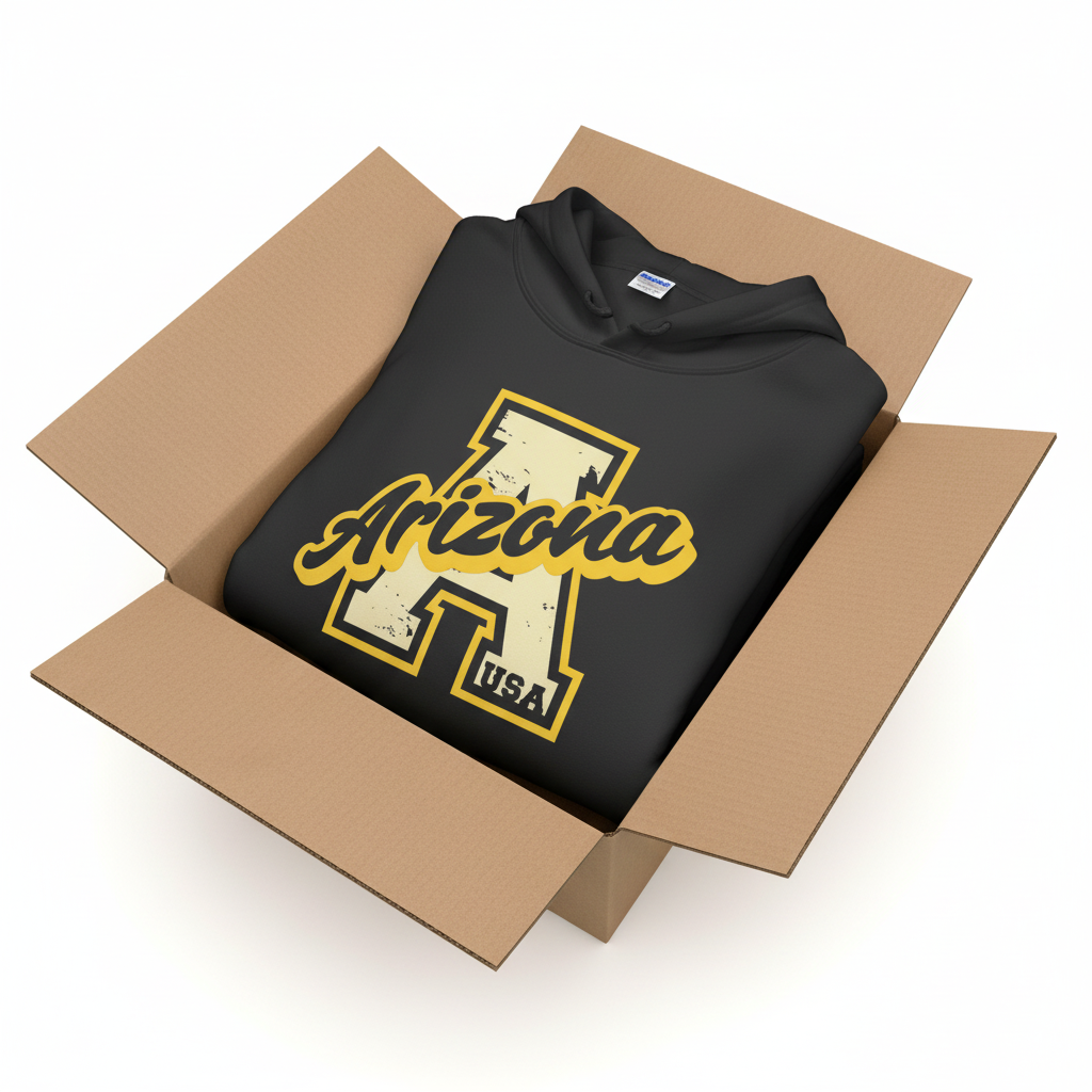 Black hoodie in shipping box with collar and hood visible